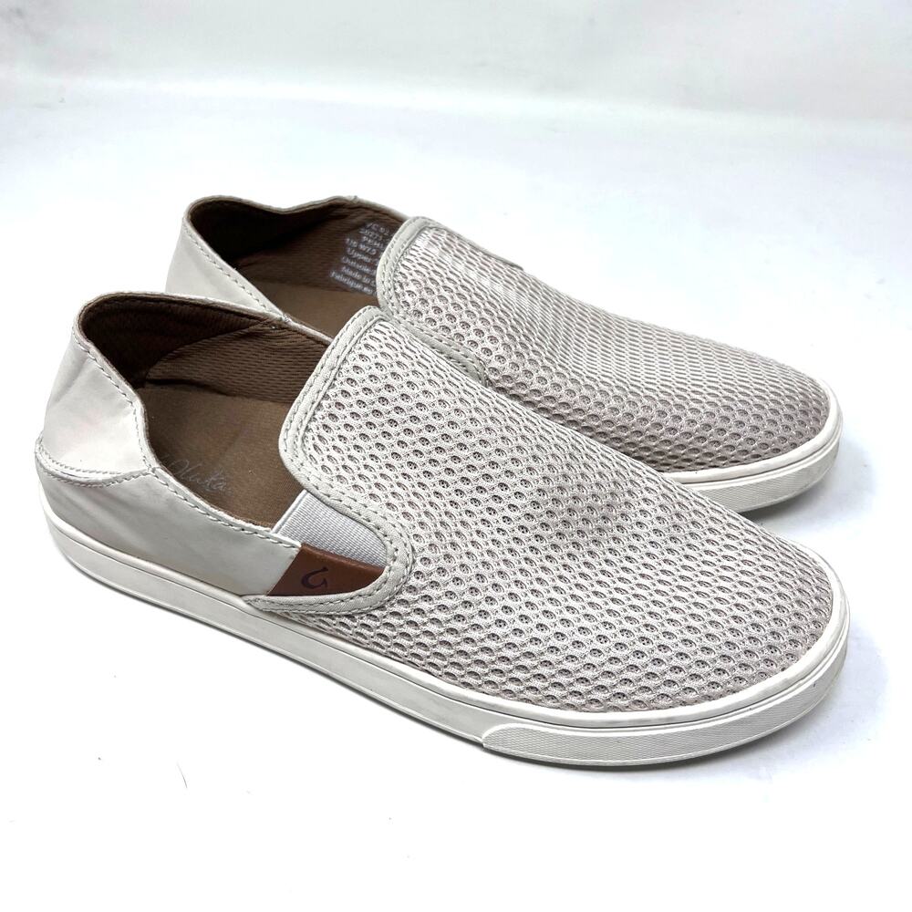 OluKai Pehuea Women's‎ Slip On Sneakers 7.5 Cream Mesh Drop Heel Beach Shoe